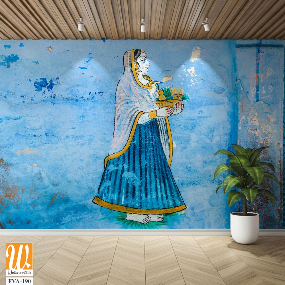 Hand-painted Indian mural of an elegant woman Wallpaper [WP-FVA-190]