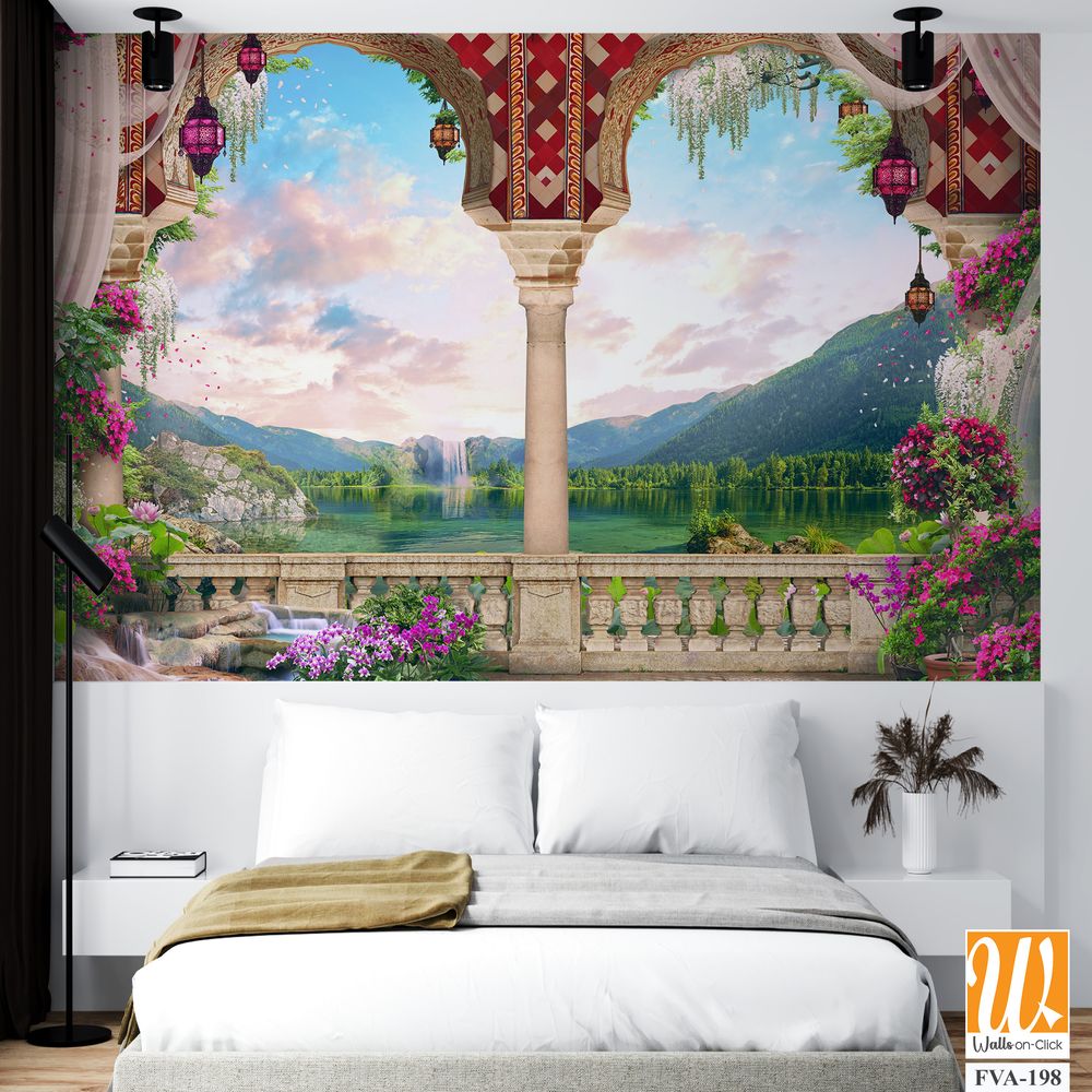 Beautiful balcony with pink flowers, a lake, and mountains [WP-FVA-198]