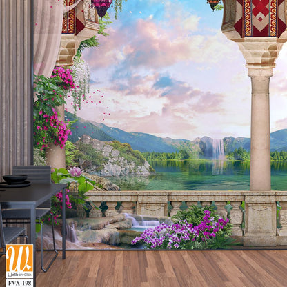 Beautiful balcony with pink flowers, a lake, and mountains [WP-FVA-198]