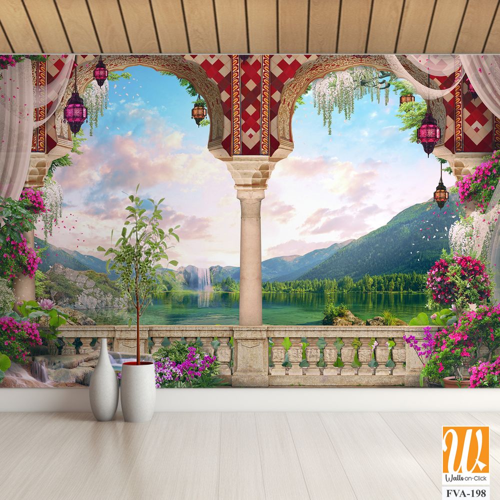 Beautiful balcony with pink flowers, a lake, and mountains [WP-FVA-198]