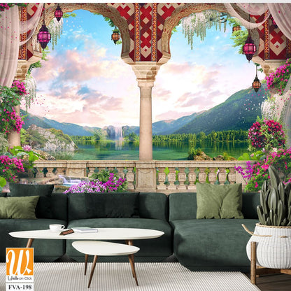 Beautiful balcony with pink flowers, a lake, and mountains [WP-FVA-198]