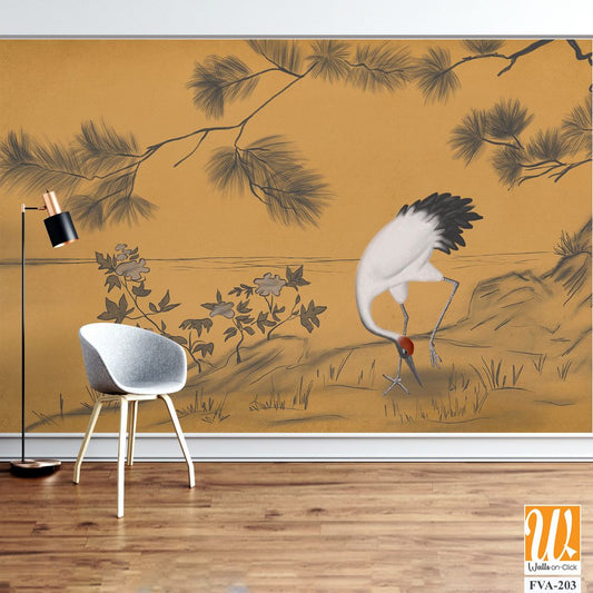 Japanese artwork of an elegant crane Wallpaper [WP-FVA-203]