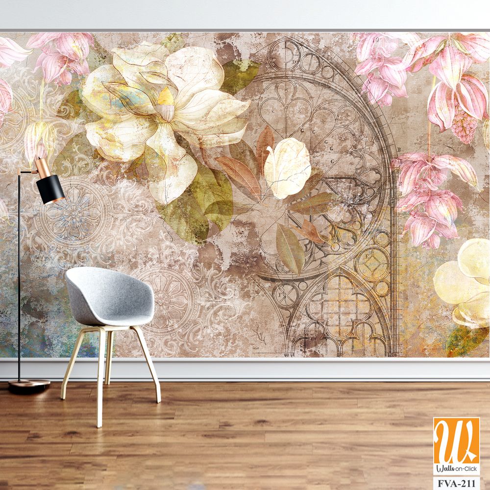 Shabby chic lace-style, magnolia flowers and wildflowers [WP-FVA-211]