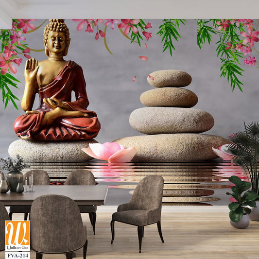 Buddha statue in red and gold, sitting atop river rocks [WP-FVA-214]