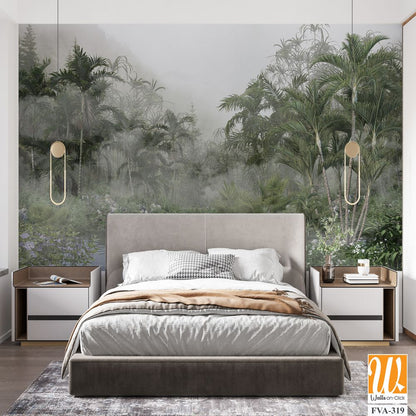 Misty tropical rainforest with towering palm trees [WP-FVA-319]