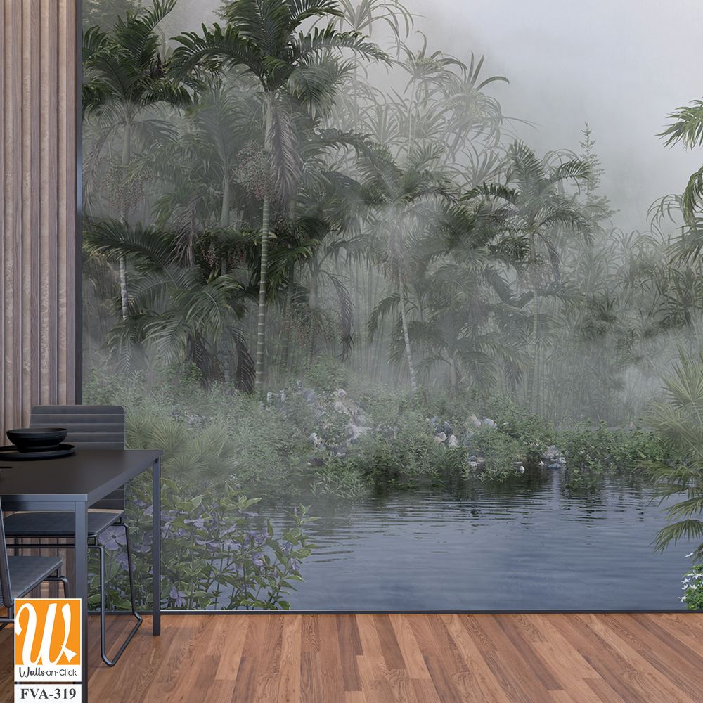 Misty tropical rainforest with towering palm trees [WP-FVA-319]