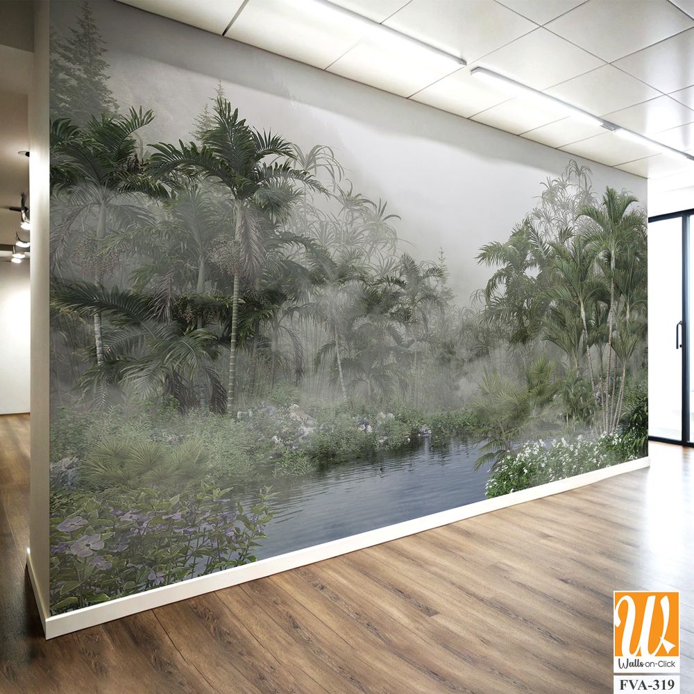 Misty tropical rainforest with towering palm trees [WP-FVA-319]