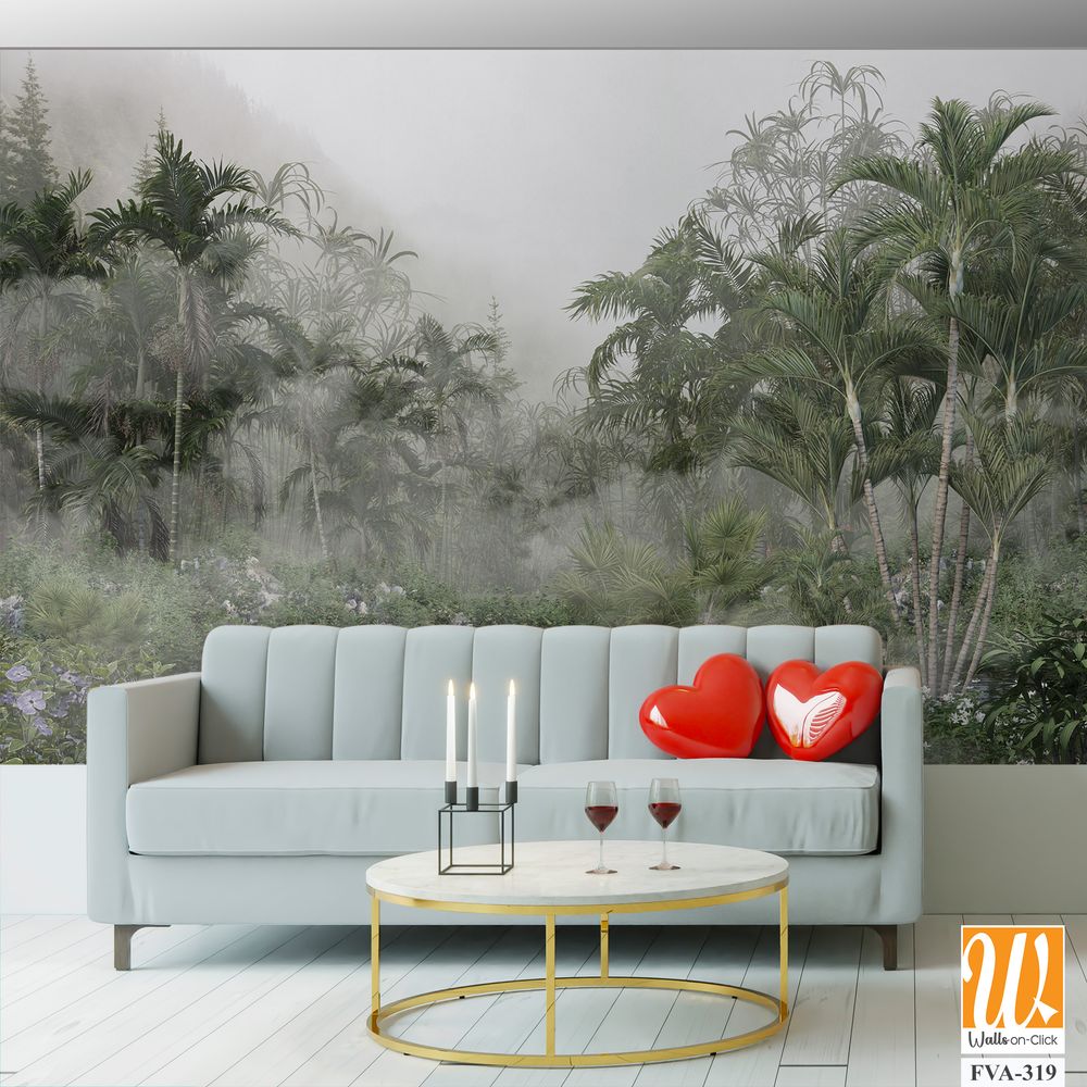 Misty tropical rainforest with towering palm trees [WP-FVA-319]