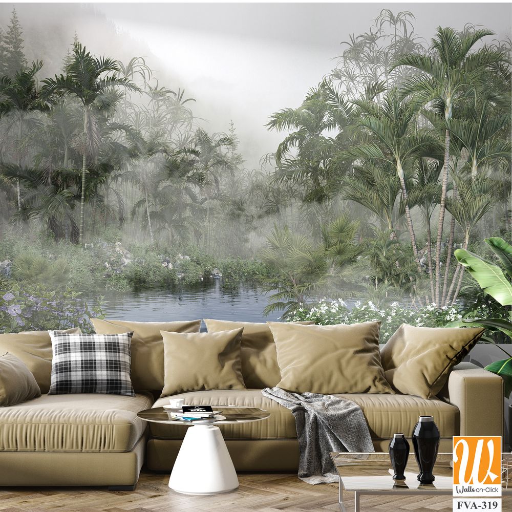 Misty tropical rainforest with towering palm trees [WP-FVA-319]