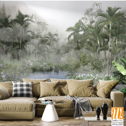 Misty tropical rainforest with towering palm trees [WP-FVA-319]