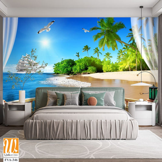 3D wallpaper with a balcony view of the beach, [WP-FVA-346]