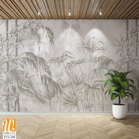 Graphic exotic leaves and flowers, tropical brunches on the concrete grunge wall. Light background. Illustration for photo wallpaper, mural, card, postcard. Design in the loft, classic, modern style. [WP-FVA-395]