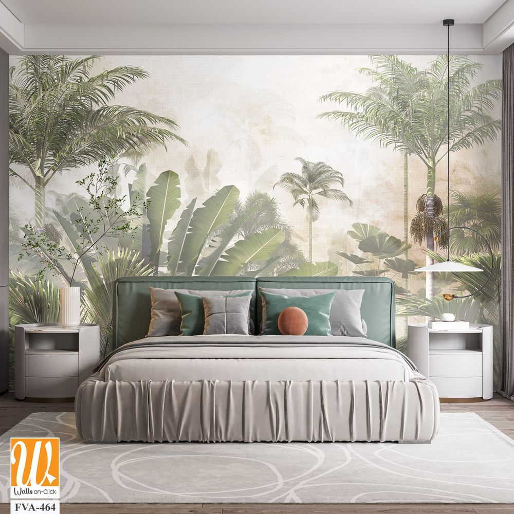 Tropical trees and leaves for digital printing wallpaper, custom design wallpaper - 3D illustration [WP-FVA-464]