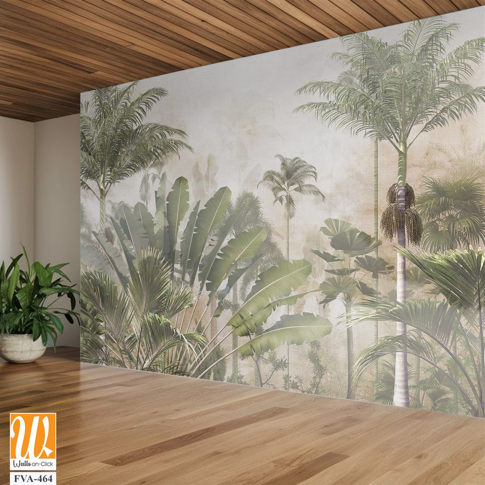 Tropical trees and leaves for digital printing wallpaper, custom design wallpaper - 3D illustration [WP-FVA-464]