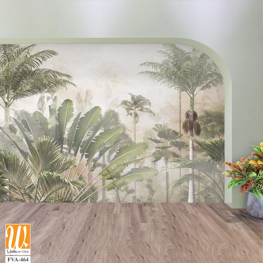 Tropical trees and leaves for digital printing wallpaper, custom design wallpaper - 3D illustration [WP-FVA-464]