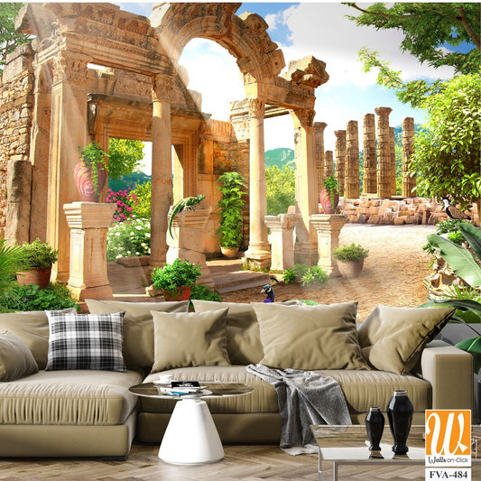 Beautiful Roman ruins garden with peacocks [WP-FVA-484]