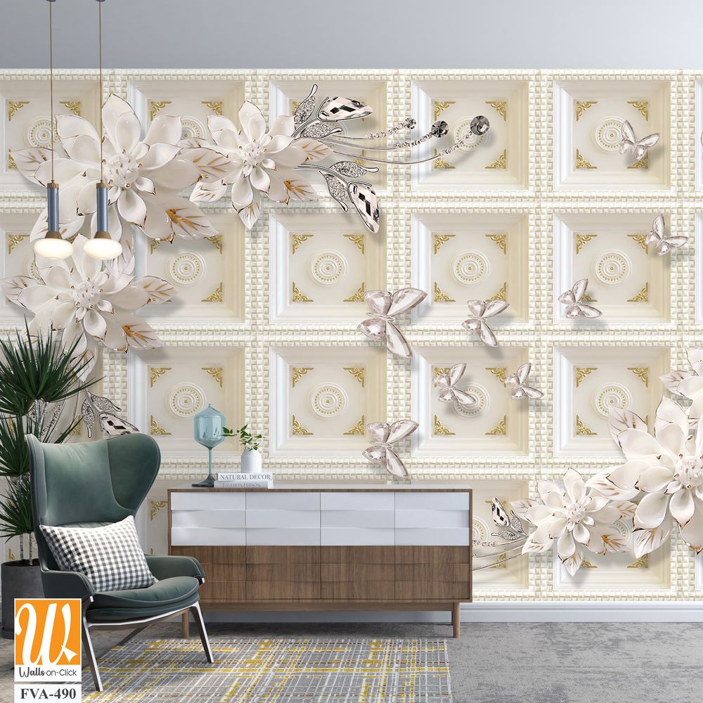 3D wallpaper featuring white flowers as a decorative model [WP-FVA-490]