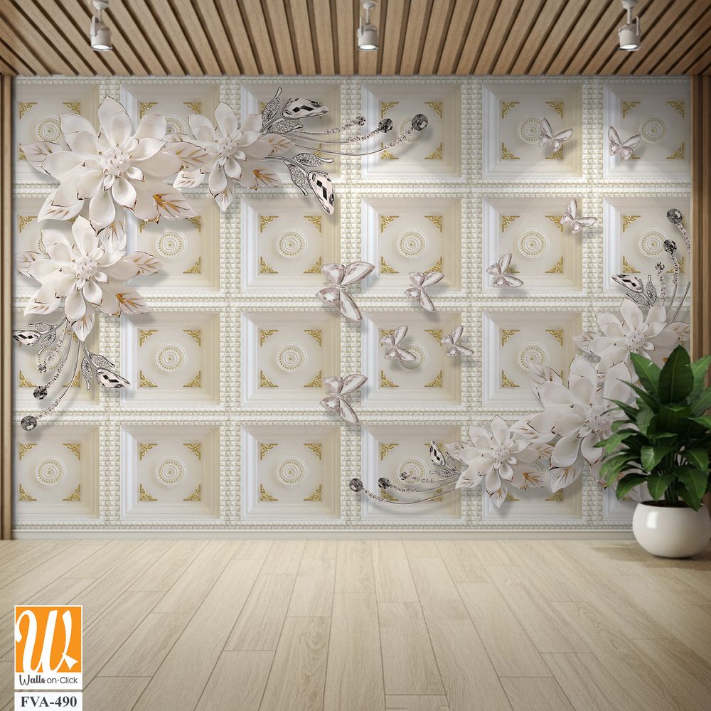 3D wallpaper featuring white flowers as a decorative model [WP-FVA-490]