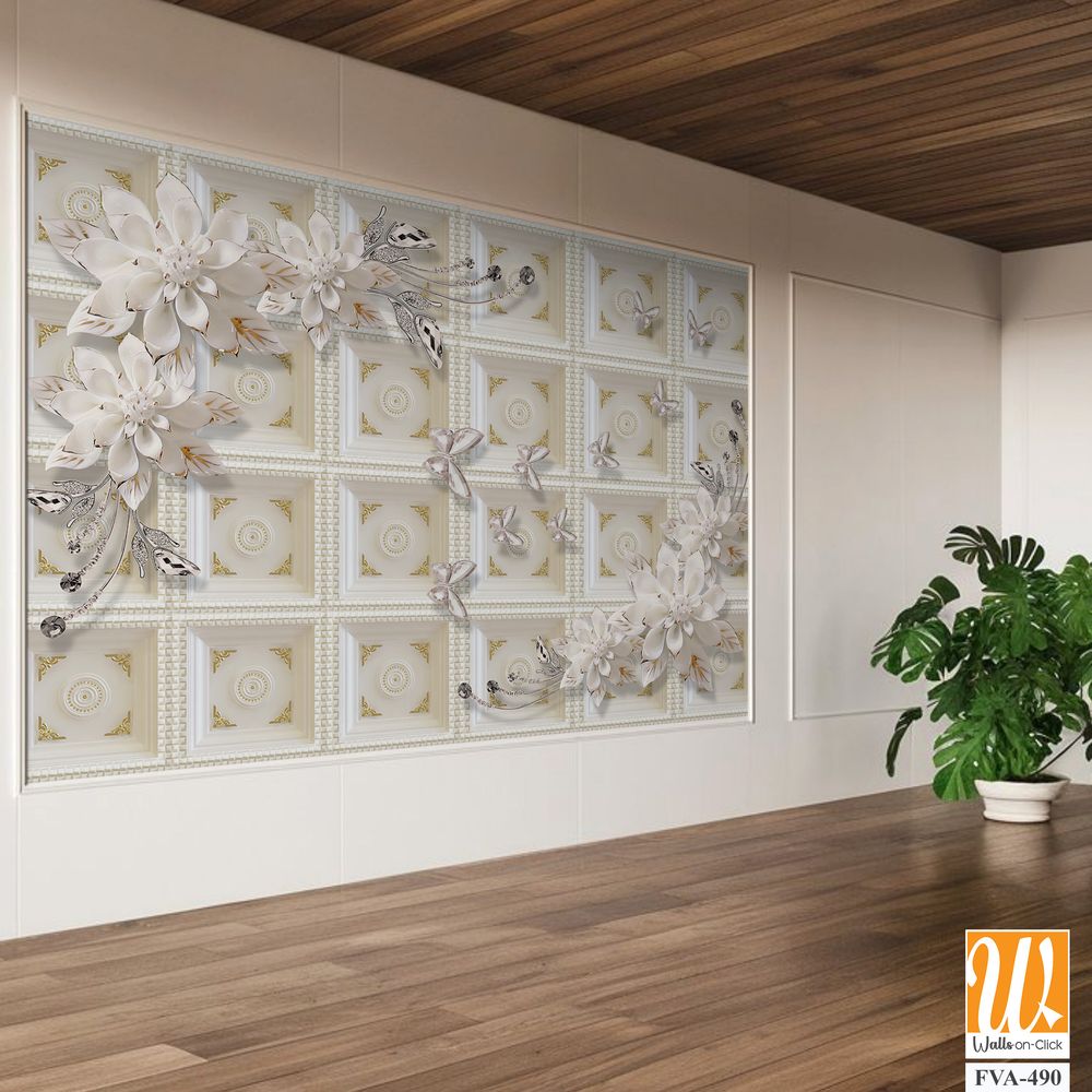 3D wallpaper featuring white flowers as a decorative model [WP-FVA-490]