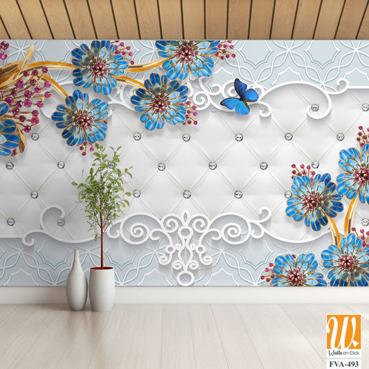 3D wallpaper featuring blue and red flowers [WP-FVA-493]