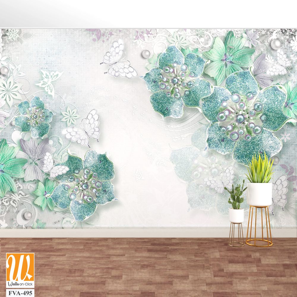 3D wall mural with pastel green and silver flowers [WP-FVA-495]