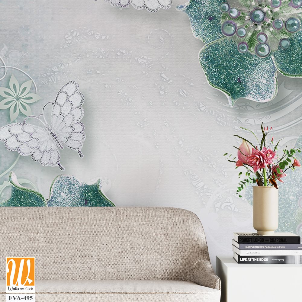 3D wall mural with pastel green and silver flowers [WP-FVA-495]