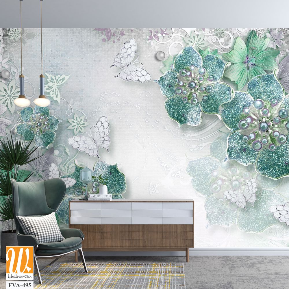 3D wall mural with pastel green and silver flowers [WP-FVA-495]