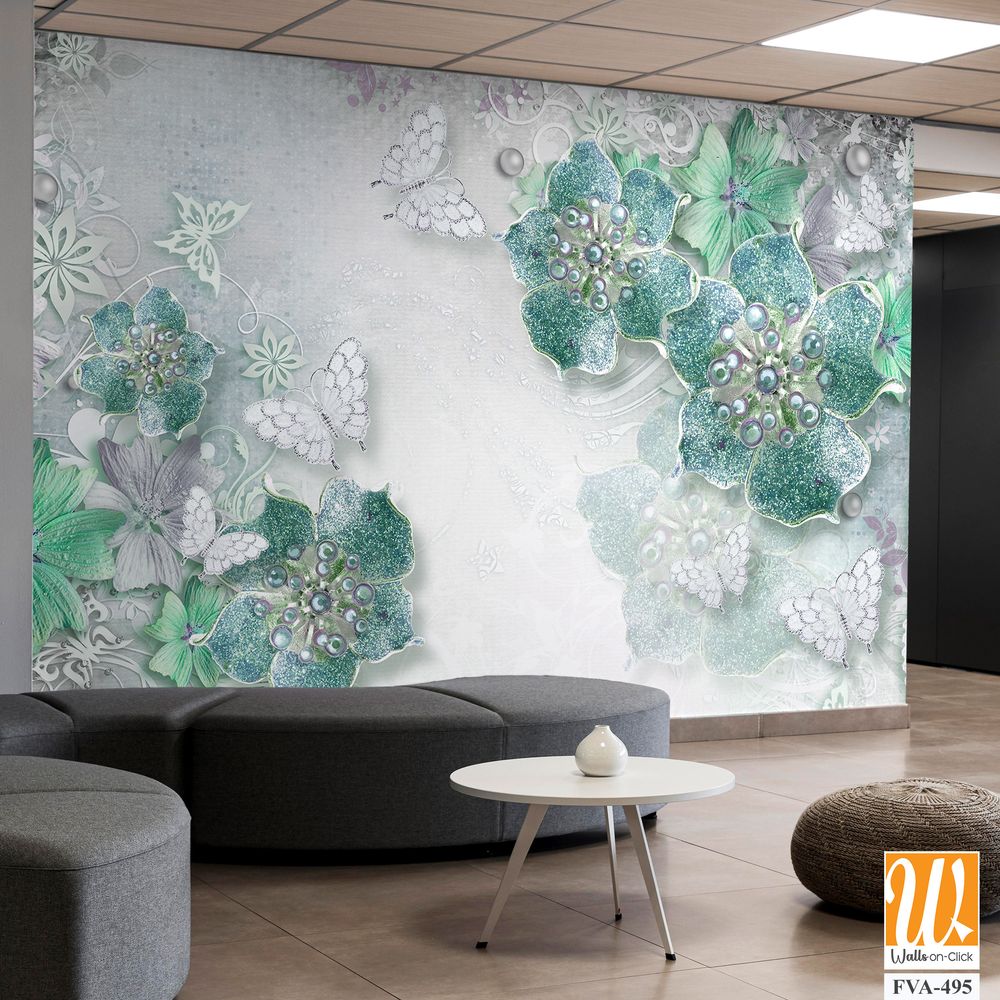 3D wall mural with pastel green and silver flowers [WP-FVA-495]