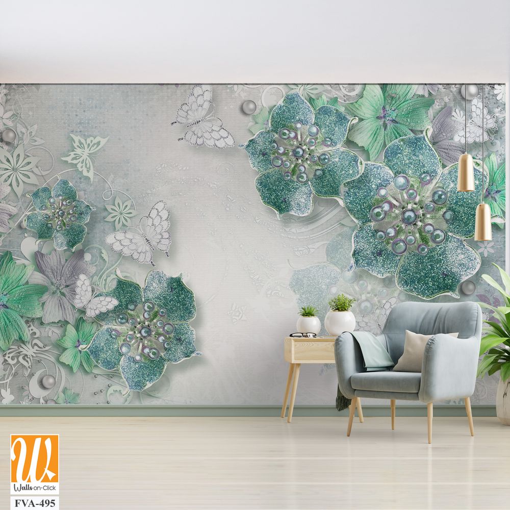 3D wall mural with pastel green and silver flowers [WP-FVA-495]