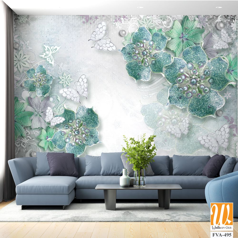 3D wall mural with pastel green and silver flowers [WP-FVA-495]