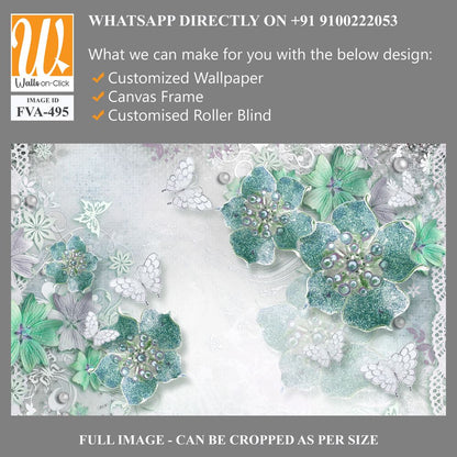 3D wall mural with pastel green and silver flowers [WP-FVA-495]