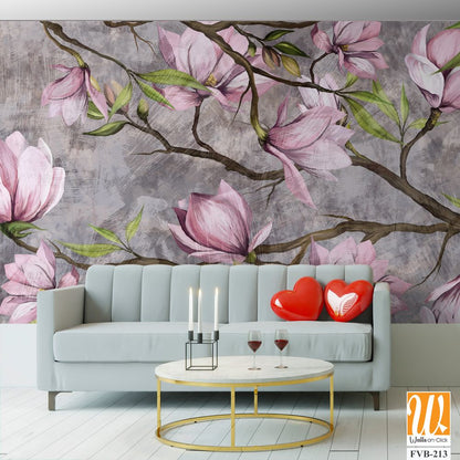 Magnolia branch on a textured background, pastel colors and black accents, photo wallpaper in a room or home interior [WP-FVB-213]