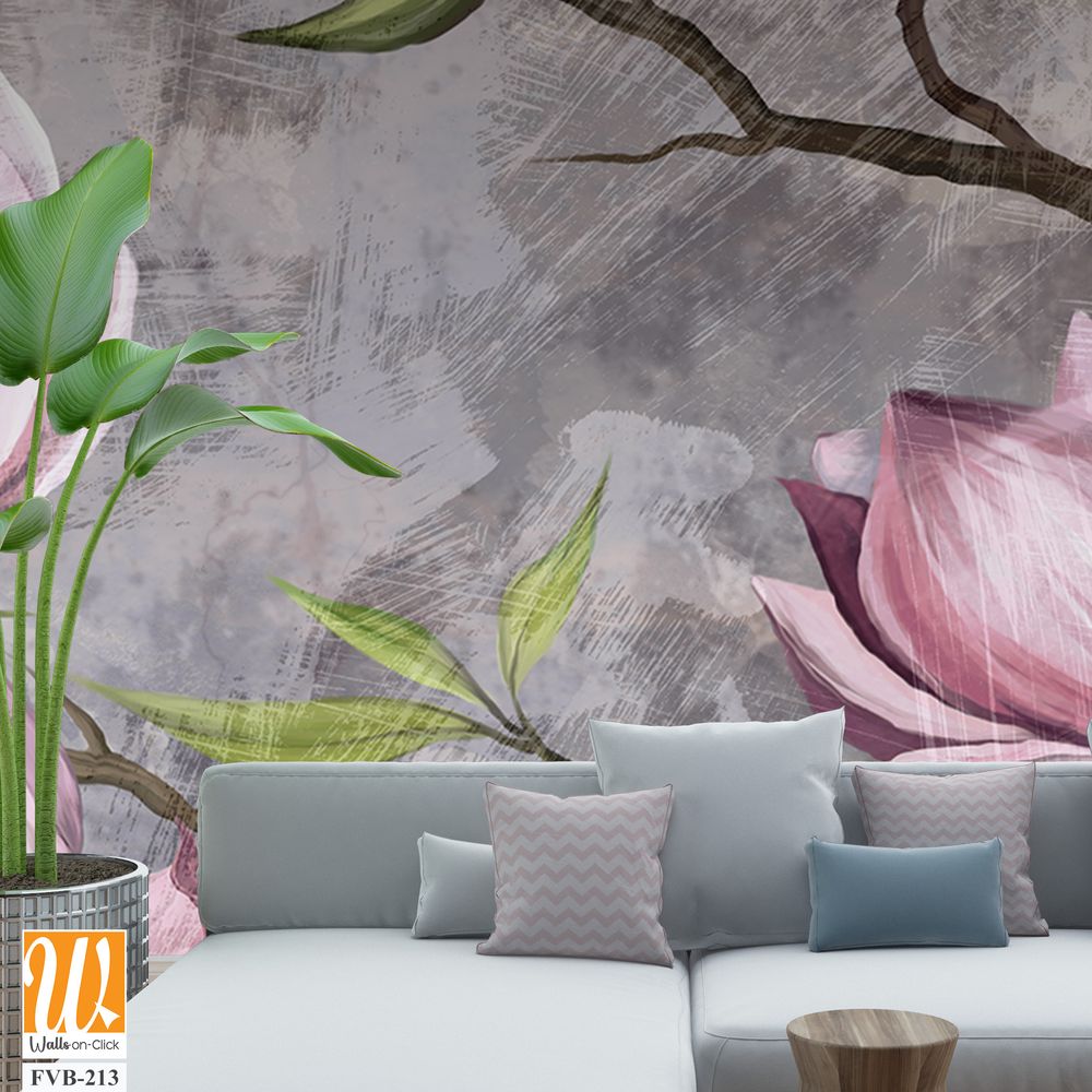 Magnolia branch on a textured background, pastel colors and black accents, photo wallpaper in a room or home interior [WP-FVB-213]