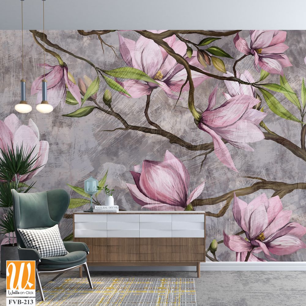 Magnolia branch on a textured background, pastel colors and black accents, photo wallpaper in a room or home interior [WP-FVB-213]