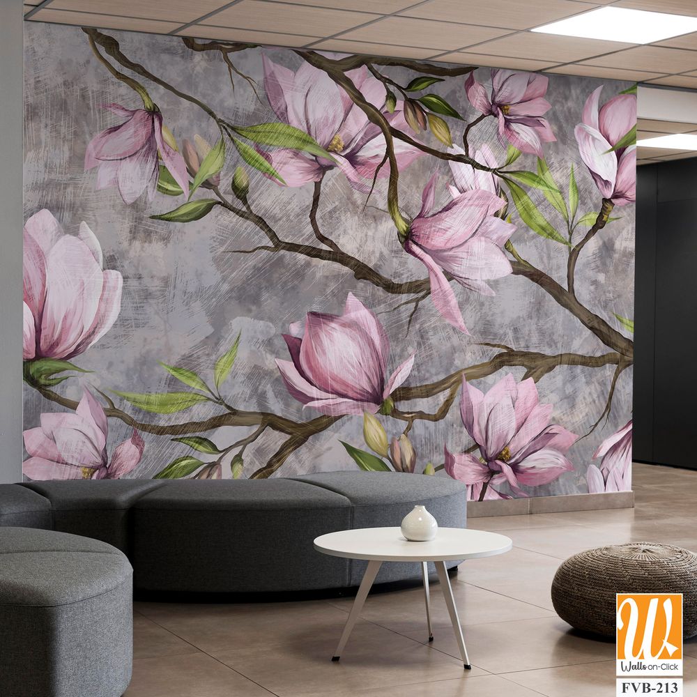 Magnolia branch on a textured background, pastel colors and black accents, photo wallpaper in a room or home interior [WP-FVB-213]