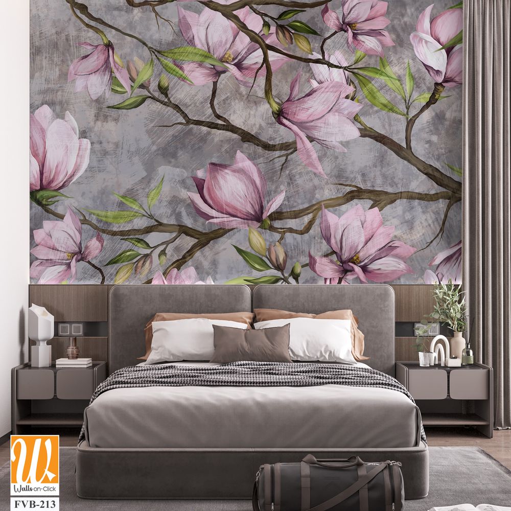 Magnolia branch on a textured background, pastel colors and black accents, photo wallpaper in a room or home interior [WP-FVB-213]