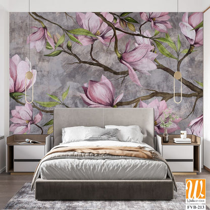 Magnolia branch on a textured background, pastel colors and black accents, photo wallpaper in a room or home interior [WP-FVB-213]