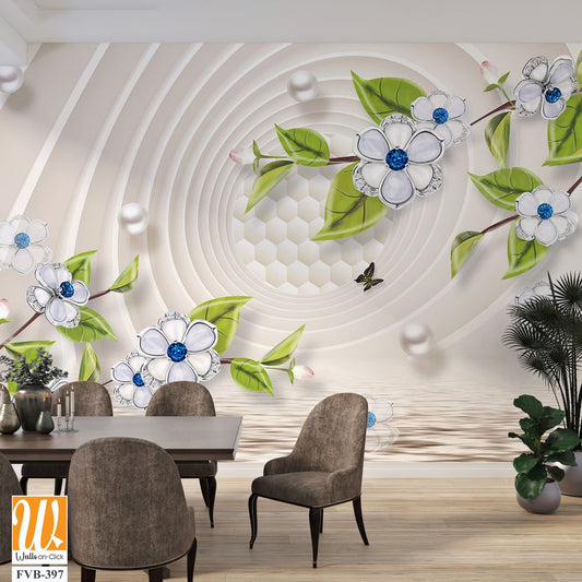 3D mural, white flowers with blue and green leaves [WP-FVB-397]