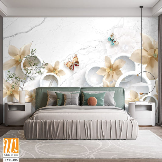 3D wall mural, with beige and cream-colored flowers [WP-FVB-405]