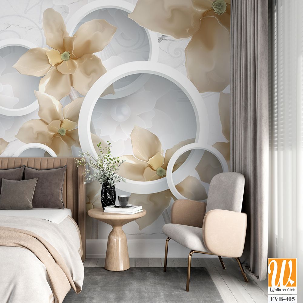 3D wall mural, with beige and cream-colored flowers [WP-FVB-405]