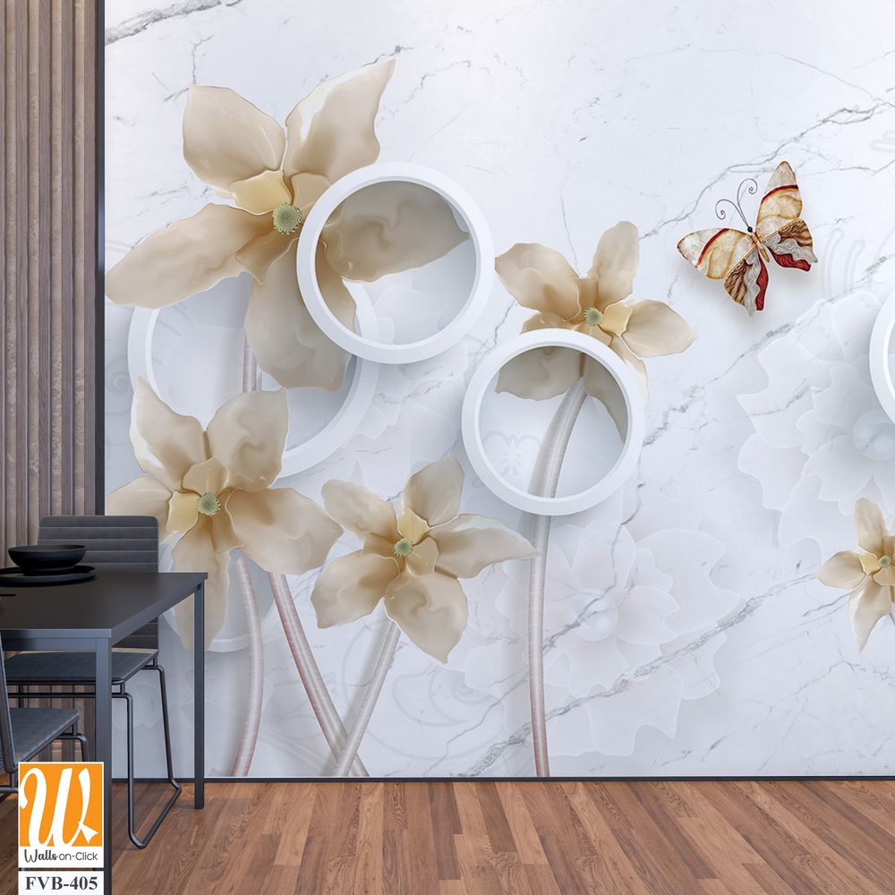 3D wall mural, with beige and cream-colored flowers [WP-FVB-405]