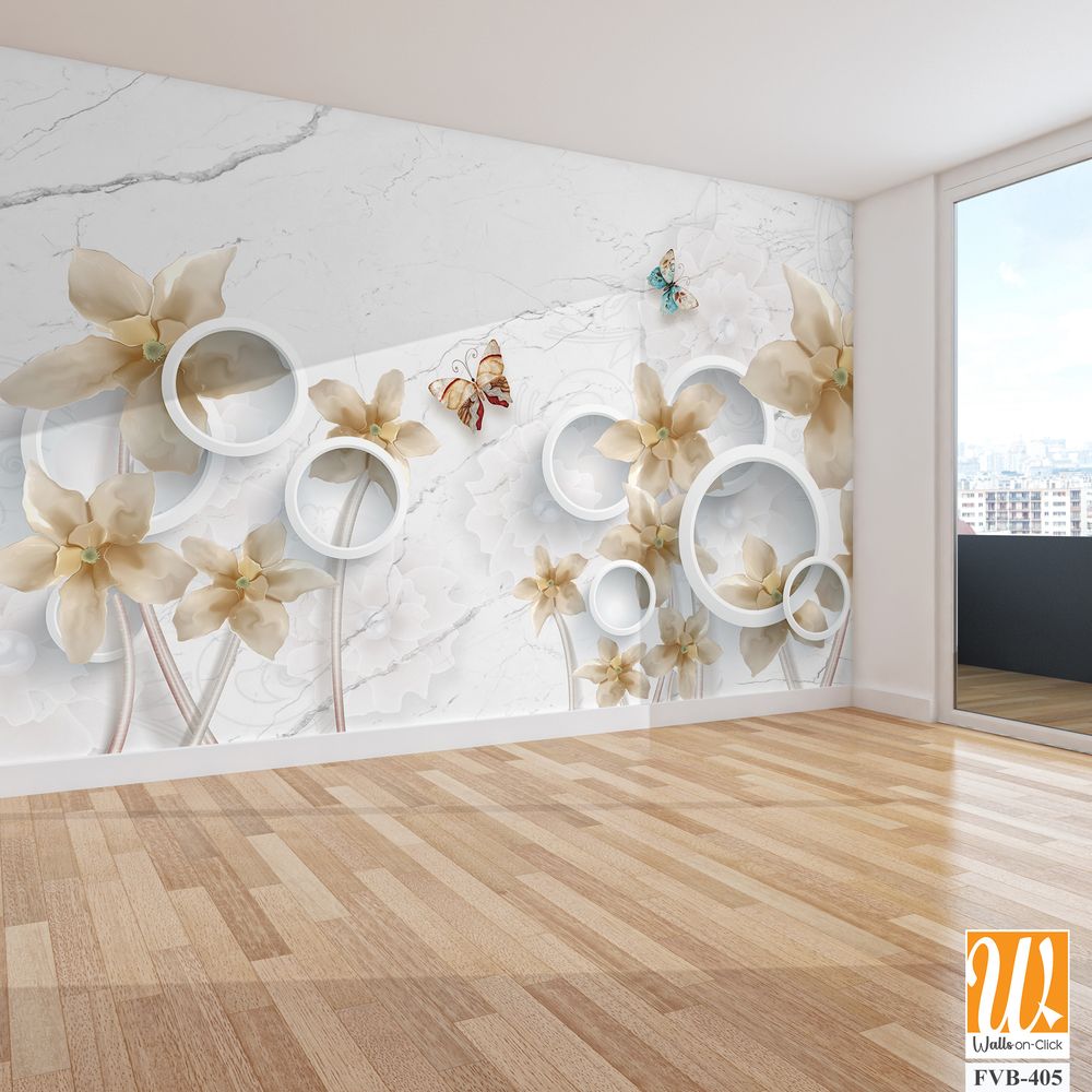 3D wall mural, with beige and cream-colored flowers [WP-FVB-405]