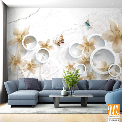 3D wall mural, with beige and cream-colored flowers [WP-FVB-405]