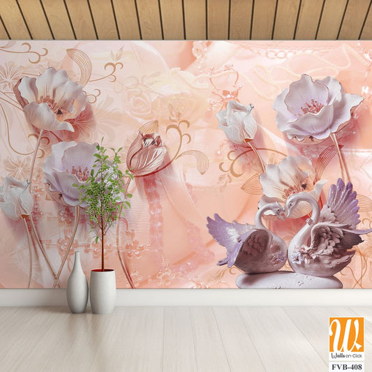 3D flowers and swans on a Light background Wallpaper [WP-FVB-408]