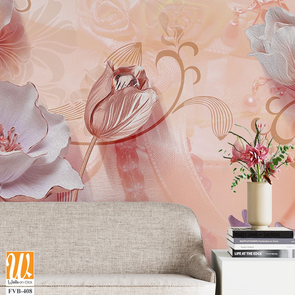 3D flowers and swans on a Light background Wallpaper [WP-FVB-408]