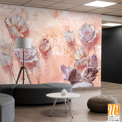 3D flowers and swans on a Light background Wallpaper [WP-FVB-408]