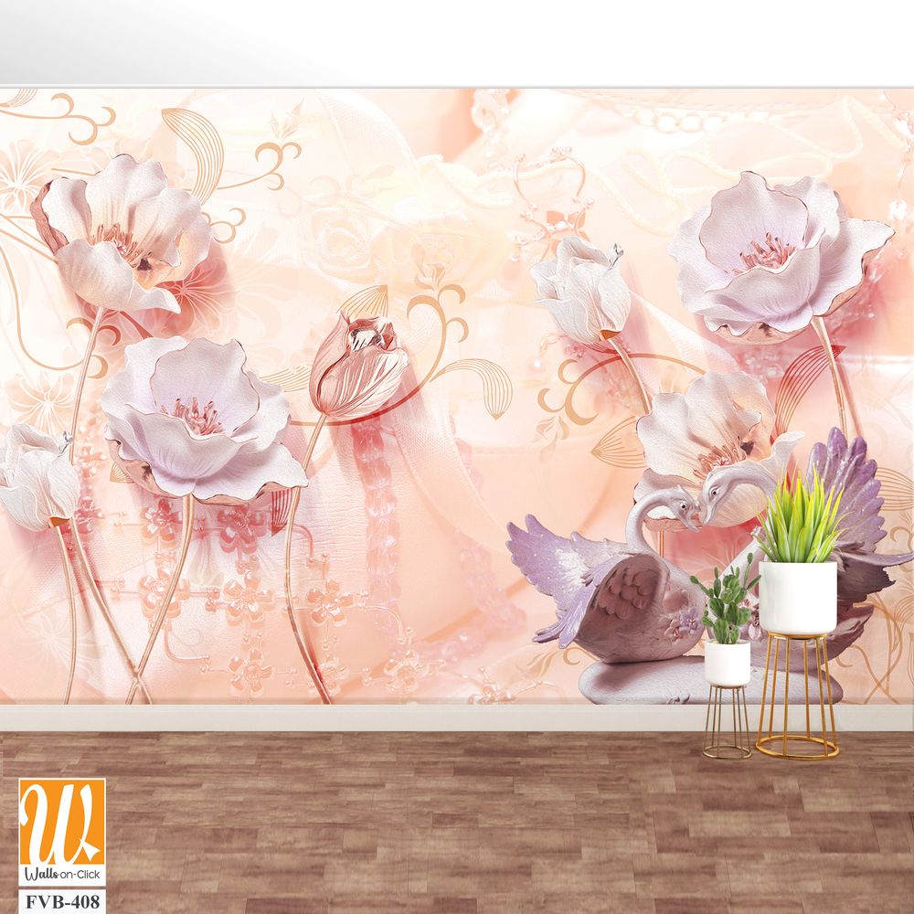 3D flowers and swans on a Light background Wallpaper [WP-FVB-408]