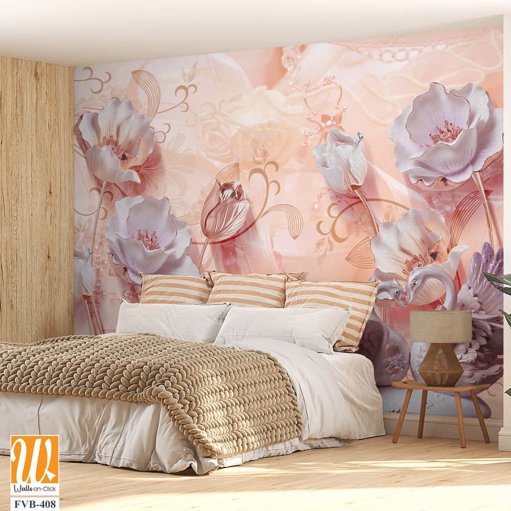 3D flowers and swans on a Light background Wallpaper [WP-FVB-408]