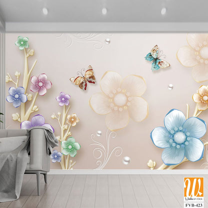 3D floral bouquet with butterflies and pearls Wallpaper [WP-FVB-423]