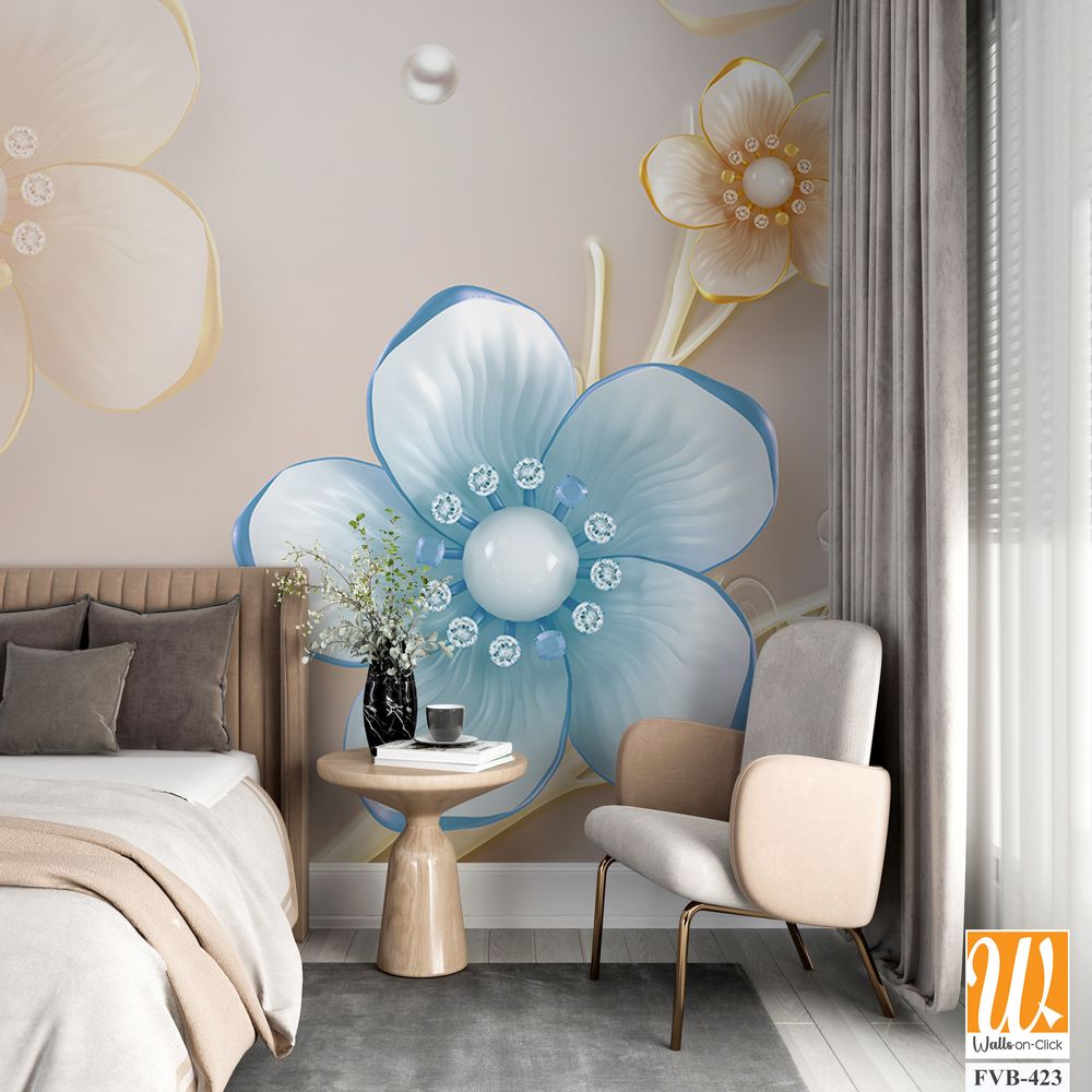 3D floral bouquet with butterflies and pearls Wallpaper [WP-FVB-423]